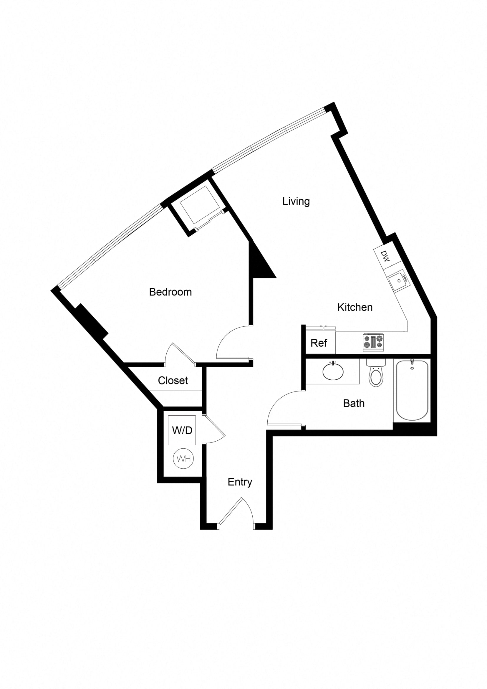 Floor plan for 1 bed, 1 bath, 655 sqft